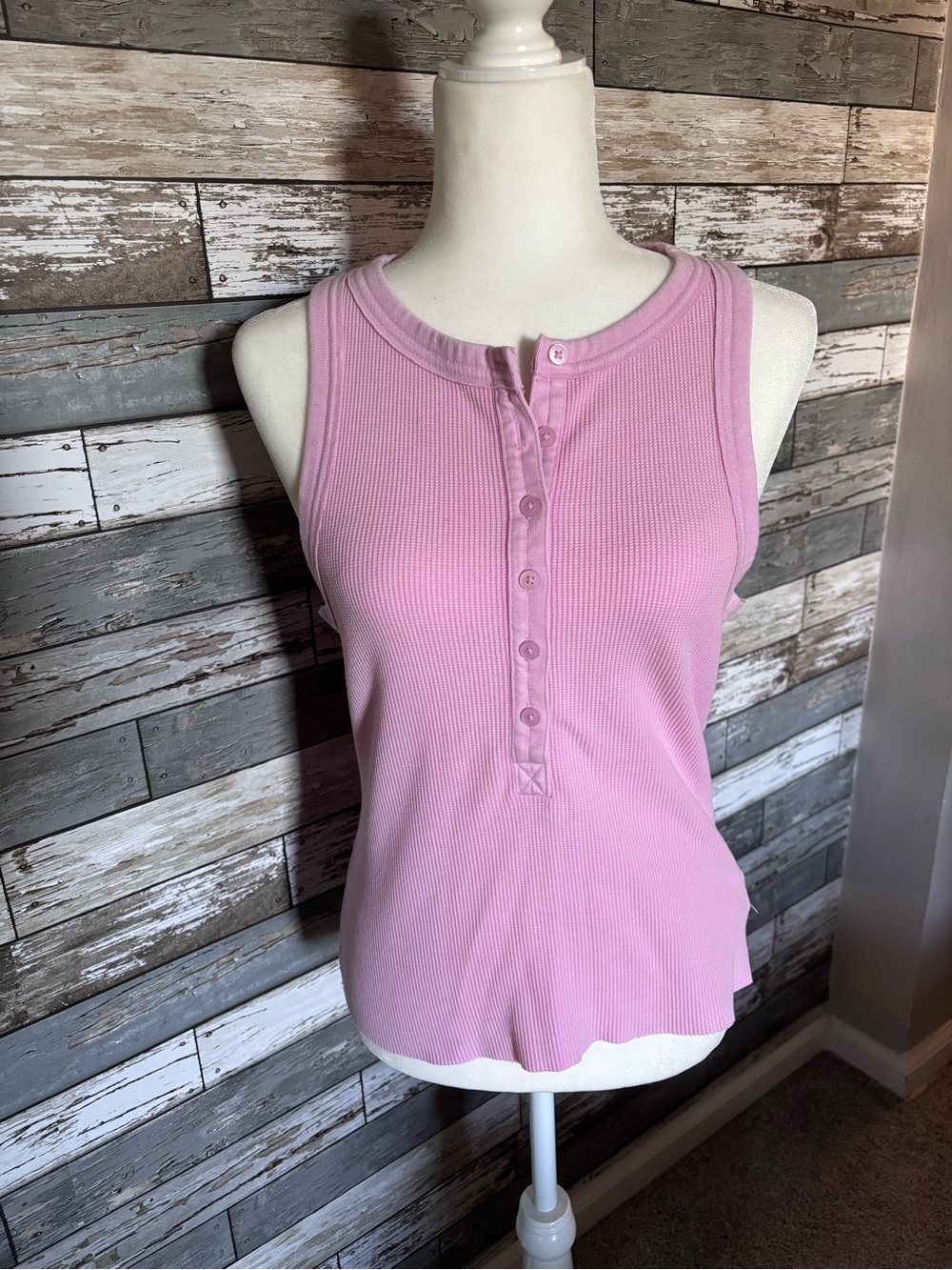 Aerie Waffle Knit Henley Button Loungewear Layering Pink Tank Top Womens Size M